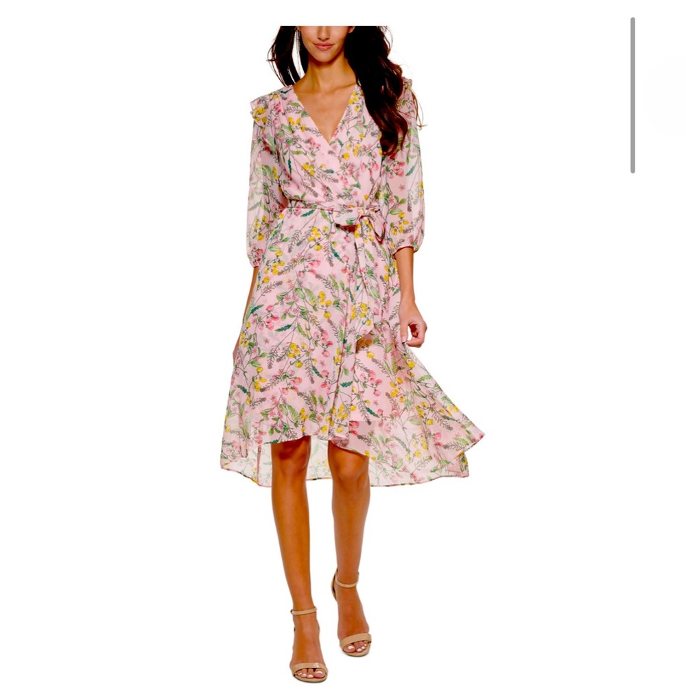 Tommy Hilfiger Printed Balloon-Sleeve Faux-Wrap Dress. Color Ballerina Pink Mult